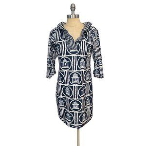Gretchen Scott Navy & White Ruffled Birdcage Print Dress Small